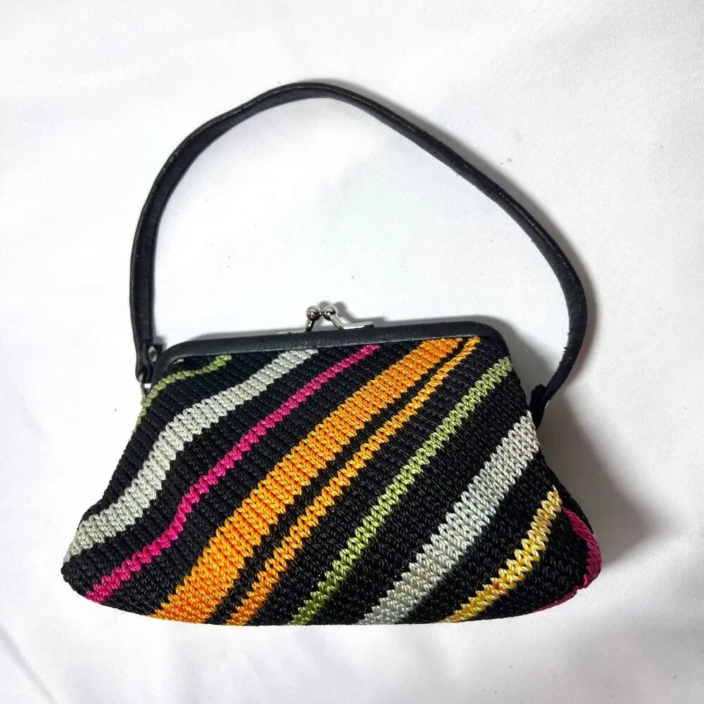 The Sak-Miniture Purse-Black/Fuchsia/Green/Yellow Stripes-Lined Pink-Wrist Purse - Picture 1 of 16
